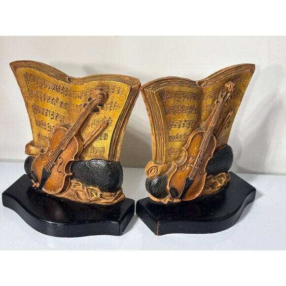 Vtg Syroco Musical Violin Sheet Music Bookends Resin Wood Look Design Music Room - Picture 1 of 6